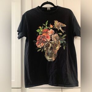 Black T-Shirt Skull Flowers Bird Dark Poe whimsy goth Medium
